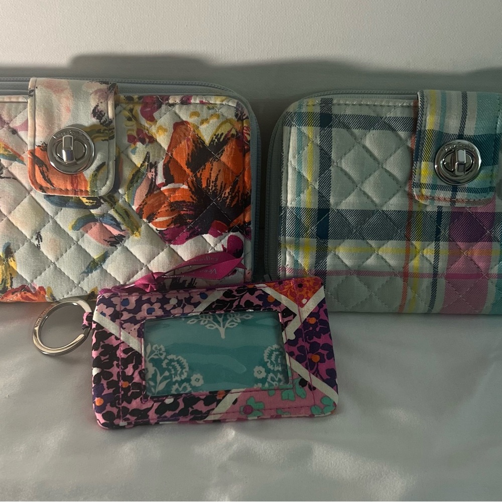 Bundle of 3 Vera Bradley Quilted Wallet & Pastel Wristlets + VB Colorful ID Tag